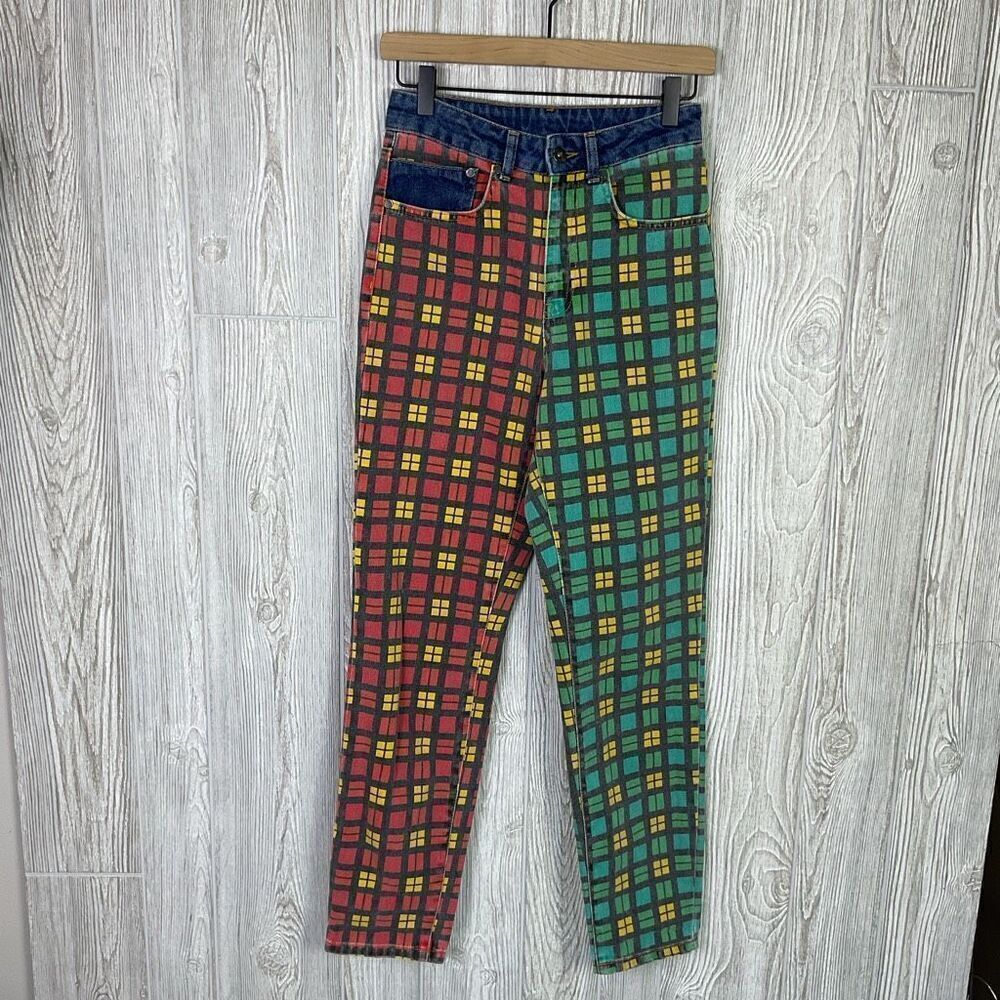 The Ragged Priest Hot Rod Mix Check Dad Jeans - 24x29 Red Green Patchwork